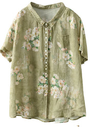 Loose Green Print Ramie Top Short Sleeve