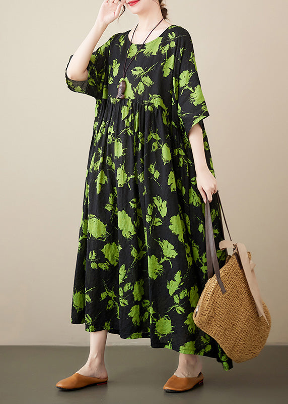 Loose Green Print Wrinkled Cotton Maxi Dresses Summer