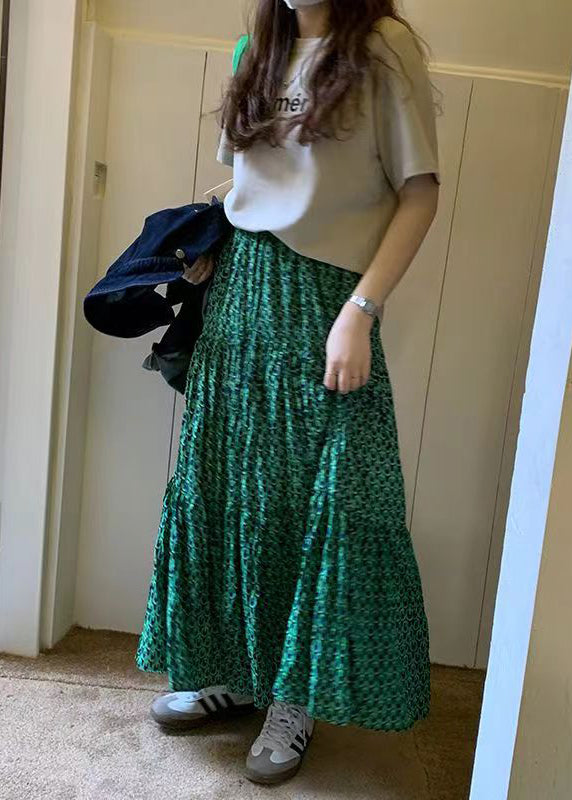 Loose Green Print Wrinkled High Waist Cotton Skirts Summer