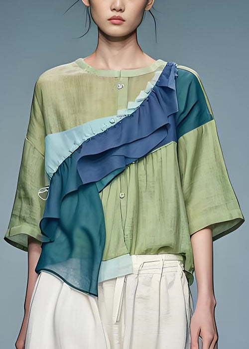 Loose Green Ruffled Asymmetrical Patchwork Cotton Top Summer