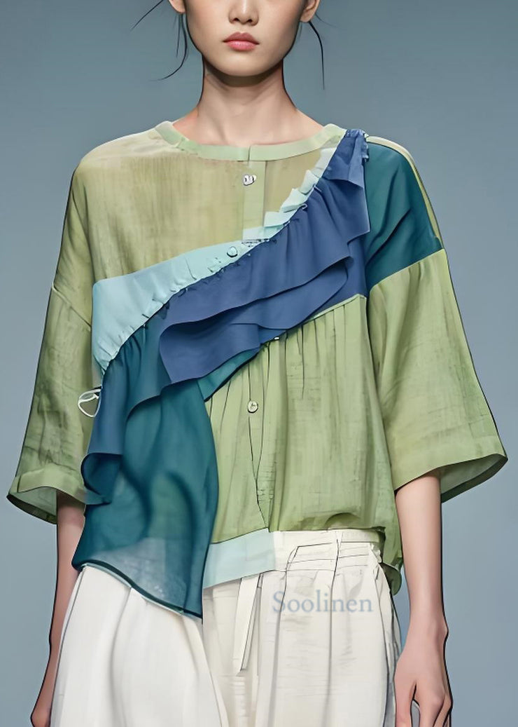 Loose Green Ruffled Asymmetrical Patchwork Cotton Top Summer