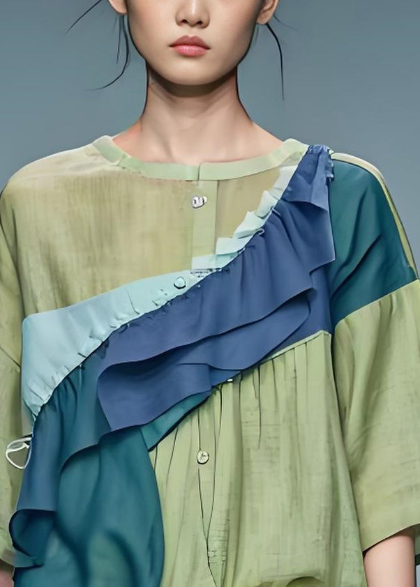 Loose Green Ruffled Asymmetrical Patchwork Cotton Top Summer