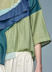 Loose Green Ruffled Asymmetrical Patchwork Cotton Top Summer