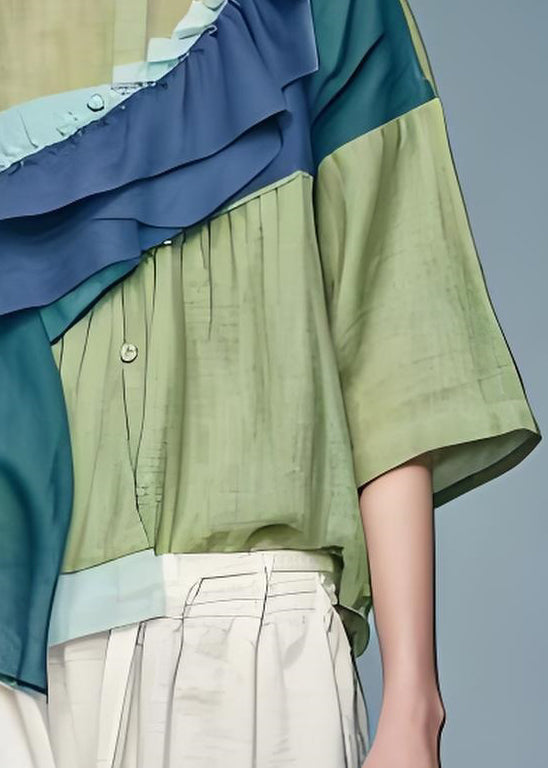 Loose Green Ruffled Asymmetrical Patchwork Cotton Top Summer