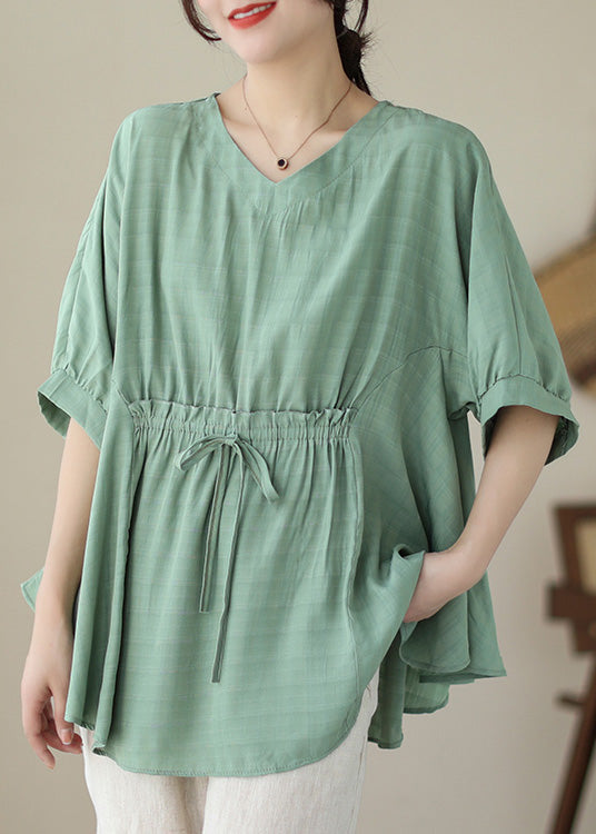 Loose Green Ruffled Lace Up Cotton T Shirt Summer