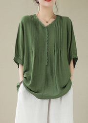 Loose Green Ruffled Patchwork Linen Top Short Sleeve