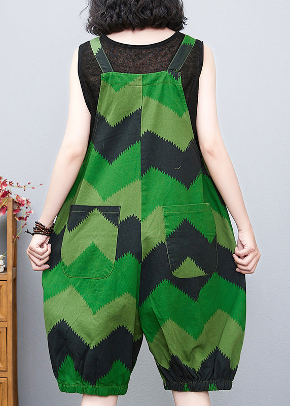 Loose Green Slash Neck Print Lantern Jumpsuit Summer