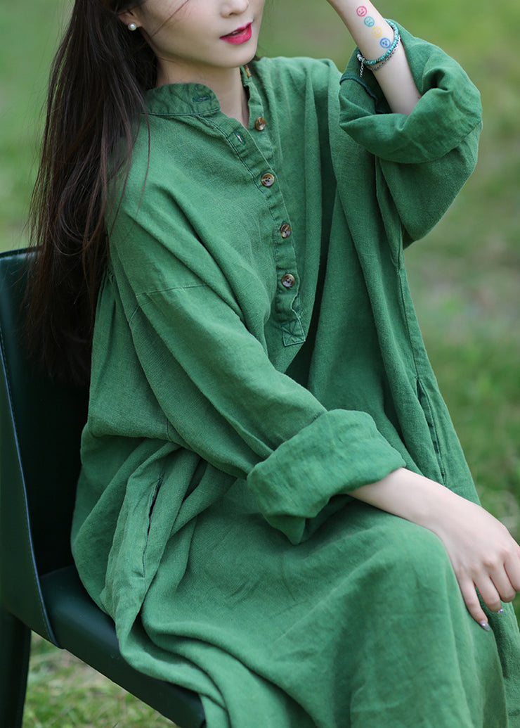 Loose Green Stand Collar Button Pockets Linen Dress Long Sleeve