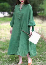 Loose Green Stand Collar Button Pockets Linen Dress Long Sleeve