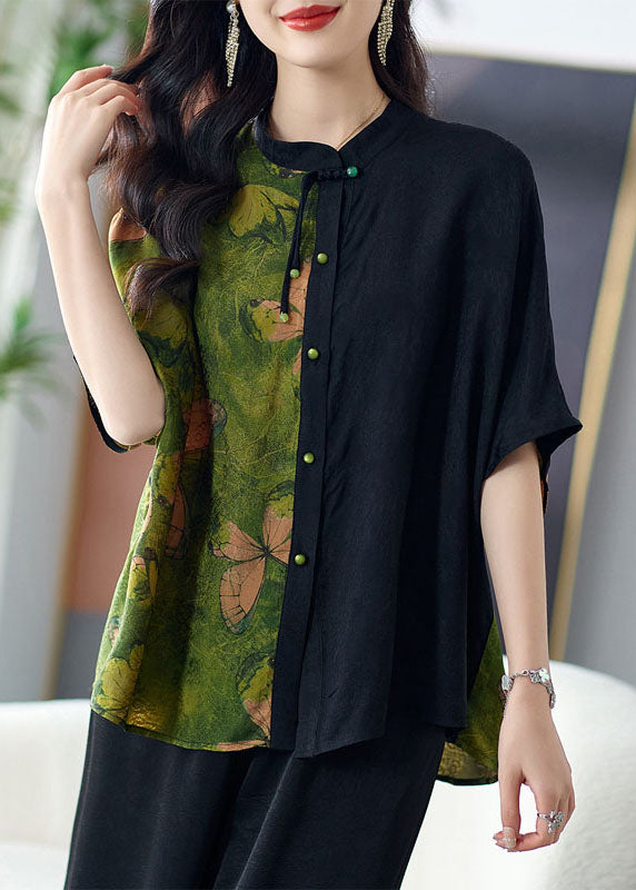 Loose Green Stand Collar Button Print Patchwork Silk Shirts Tops Summer