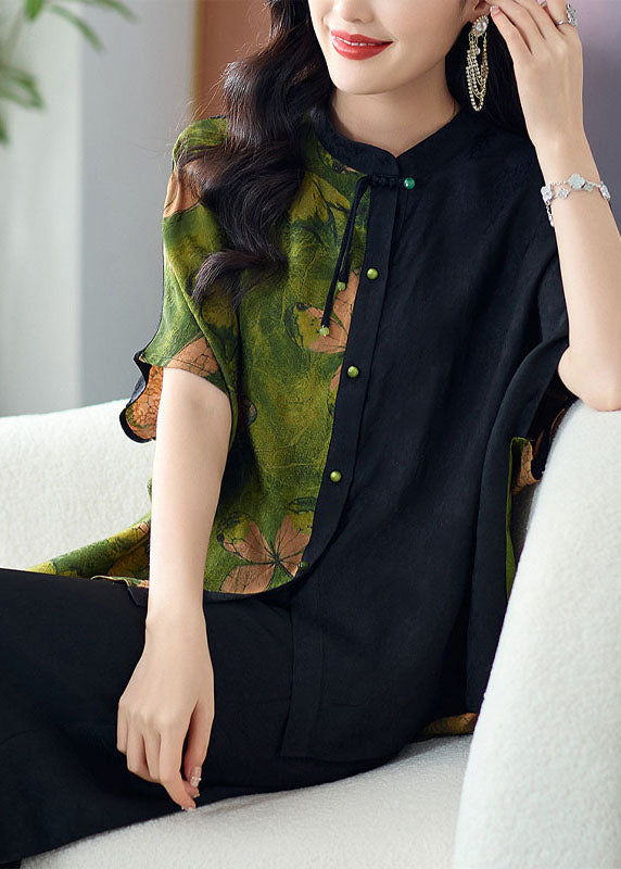 Loose Green Stand Collar Button Print Patchwork Silk Shirts Tops Summer