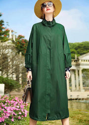 Loose Green Stand Collar Pockets Patchwork Cotton Trench Fall