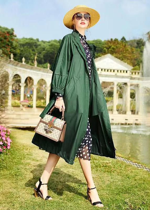 Loose Green Stand Collar Pockets Patchwork Cotton Trench Fall