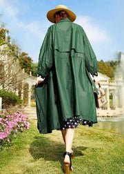 Loose Green Stand Collar Pockets Patchwork Cotton Trench Fall