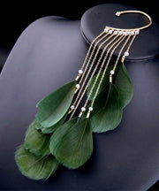 Loose Green Sterling Silver Overgild Zircon Feather Tassel Drop Earrings