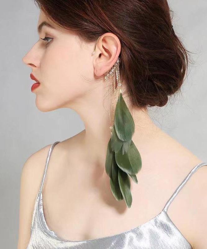 Loose Green Sterling Silver Overgild Zircon Feather Tassel Drop Earrings