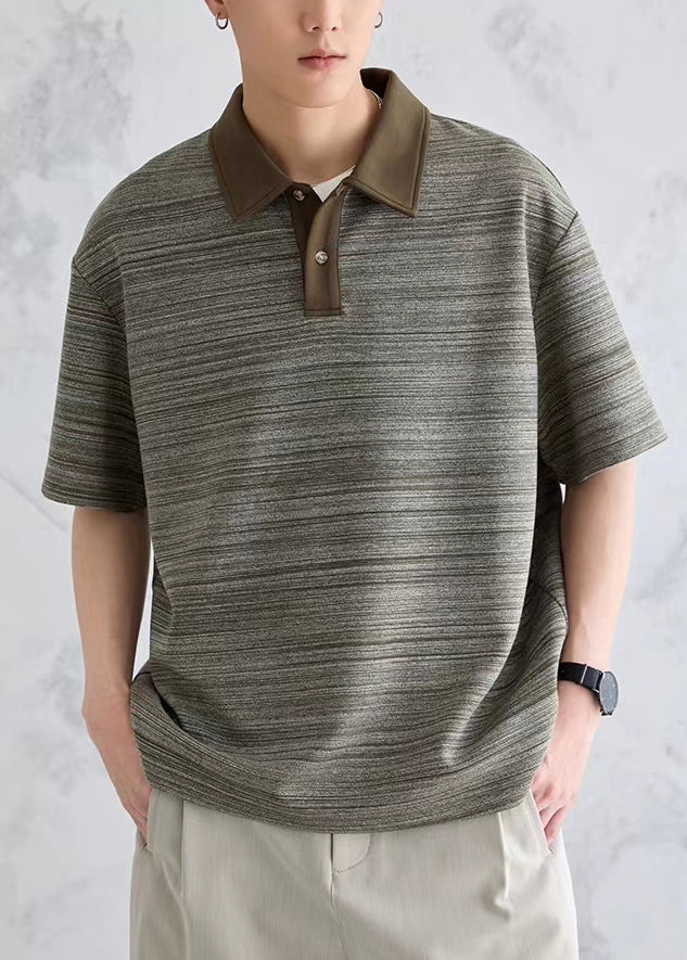 Loose Green Striped Button Cotton Men Polo Shirt Short Sleeve