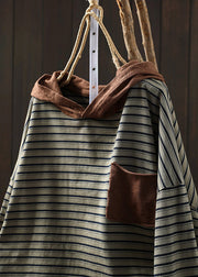 Loose Green Striped Hooded Patchwork Cotton Blouse T Shirt Fall