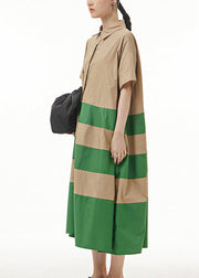 Loose Green Striped Patchwork Cotton Maxi Dresses Short Sleeve