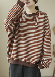 Loose Green Striped Patchwork O-Neck Sweatshirt Long Sleeve