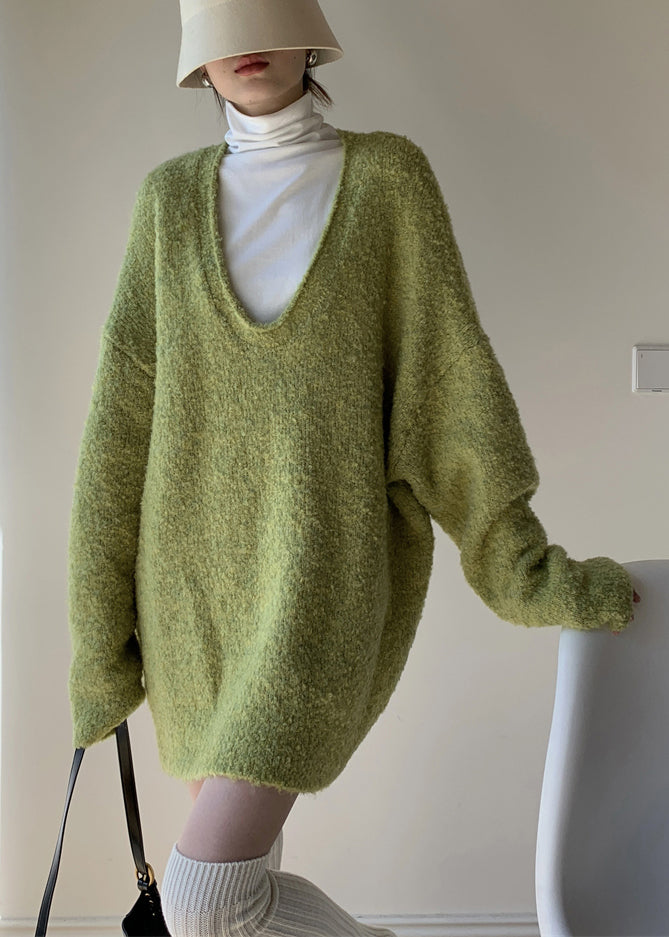 Loose Green Sweaters And Turtleneck Tank Knit Two Piece Set Spring