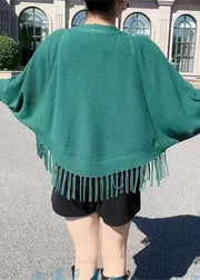 Loose Green Tasseled Button Knit Cardigans Batwing Sleeve