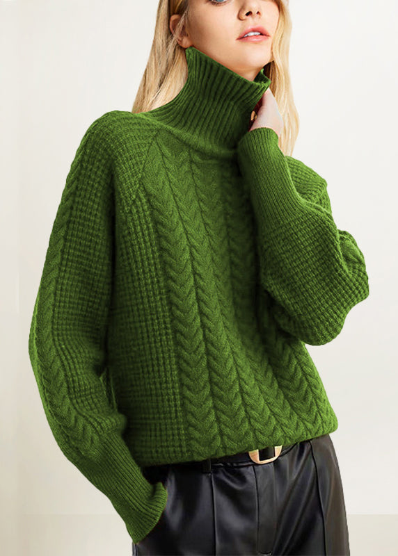 Loose Green Turtleneck Cable Knit Sweaters Spring