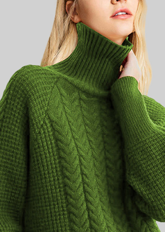 Loose Green Turtleneck Cable Knit Sweaters Spring