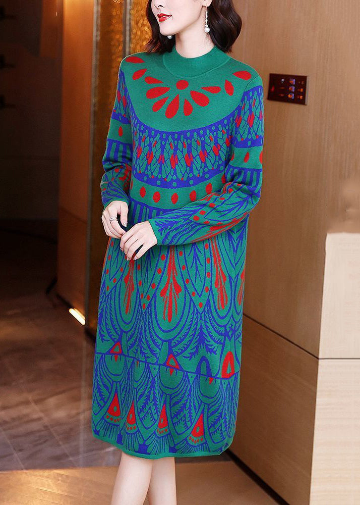 Loose Green Turtleneck Print Cotton Knit Dress Long Sleeve