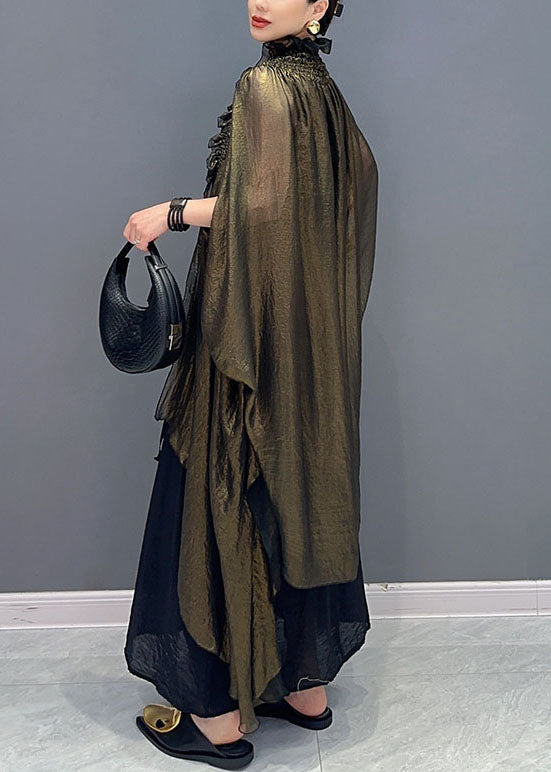 Loose Green V Neck Asymmetrical Ruffled Patchwork Wrinkled Long Dress Fall