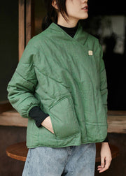 Loose Green V Neck Button Cotton Filled Coats Long Sleeve