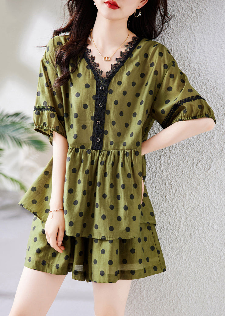 Loose Green V Neck Dot Wrinkled Cotton Two Pieces Set Summer