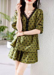 Loose Green V Neck Dot Wrinkled Cotton Two Pieces Set Summer