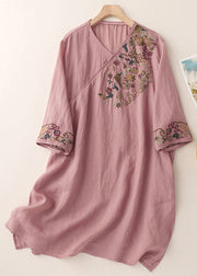 Loose Green V Neck Embroidered Side Open Cotton Mid Dress Half Sleeve