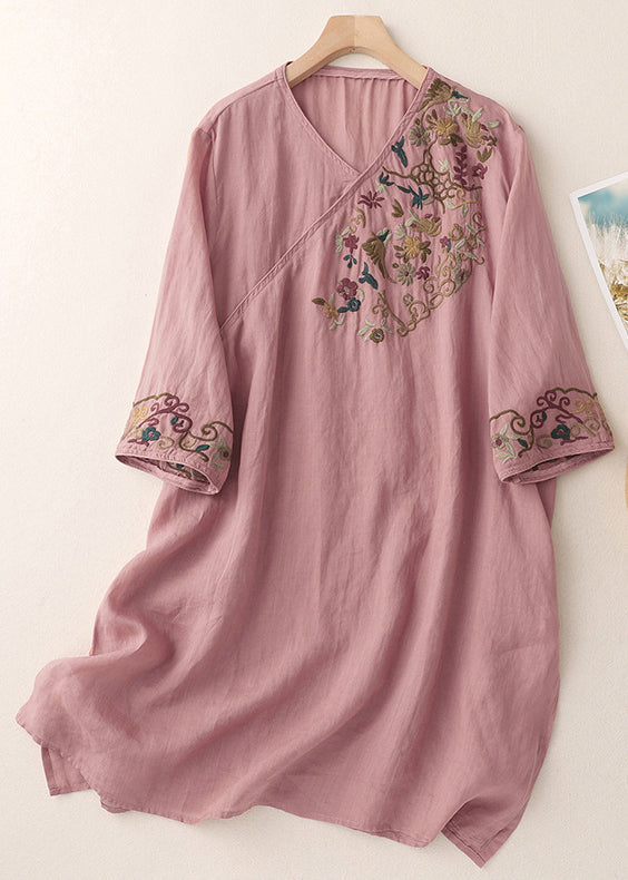 Loose Green V Neck Embroidered Side Open Cotton Mid Dress Half Sleeve