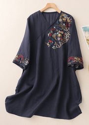 Loose Green V Neck Embroidered Side Open Cotton Mid Dress Half Sleeve