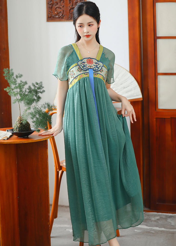 Loose Green V Neck Embroideried Patchwork Chiffon Dress Summer