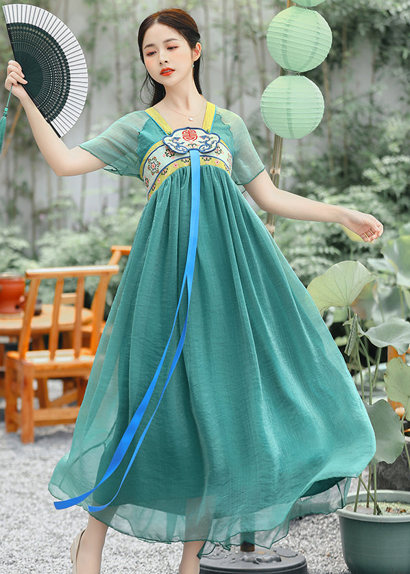 Loose Green V Neck Embroideried Patchwork Chiffon Dress Summer