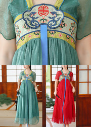 Loose Green V Neck Embroideried Patchwork Chiffon Dress Summer