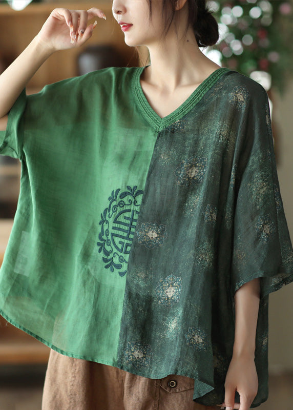 Loose Green V Neck Embroidered Ramie Tops Summer