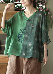 Loose Green V Neck Embroidered Ramie Tops Summer