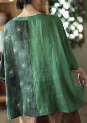 Loose Green V Neck Embroidered Ramie Tops Summer