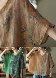 Loose Green V Neck Embroidered Ramie Tops Summer