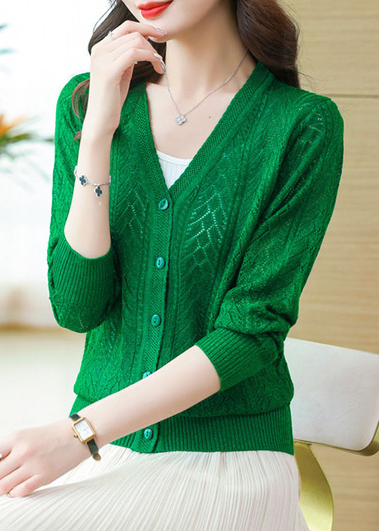 Loose Green V Neck Hollow Out Button Patchwork Knit Cardigans Fall