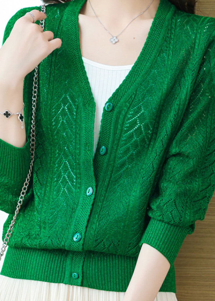 Loose Green V Neck Hollow Out Button Patchwork Knit Cardigans Fall