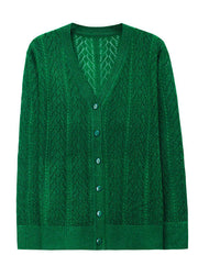 Loose Green V Neck Hollow Out Button Patchwork Knit Cardigans Fall