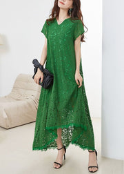 Loose Green V Neck Hollow Out Lace Dress Summer
