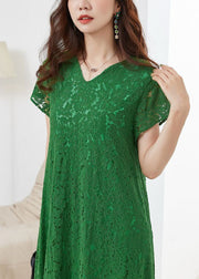 Loose Green V Neck Hollow Out Lace Dress Summer
