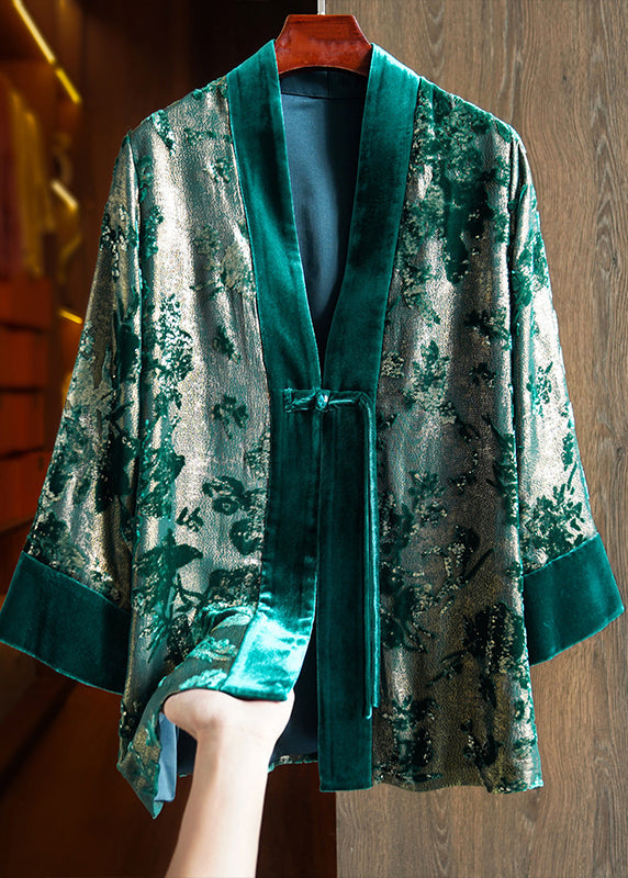 Loose Green V Neck Jacquard Patchwork Silk Velour Coats Fall