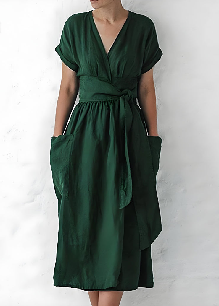 Loose Green V Neck Pockets Tie Waist Cotton Dresses Summer